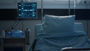 A dimly lit hospital room with an empty bed and a bedside monitor showing a heart rhythm trace.