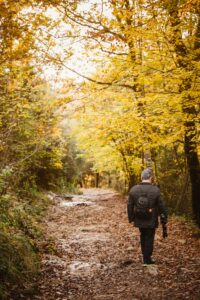 A person walking away along a leaf-covered path through autumn woodland.